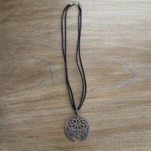 Vintage Pewter Carved Disc Pendant Necklace With Black Cord & Hook Clasp
